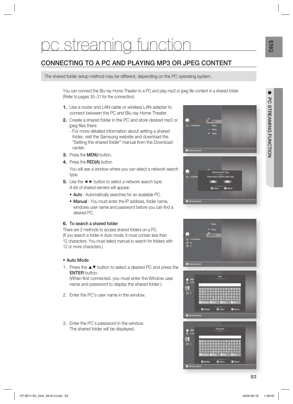 Pc streaming function, Connecting to a pc and playing mp3 or jpeg content, No disc | Samsung HT-BD1150T-XAA User Manual | Page 83 / 102