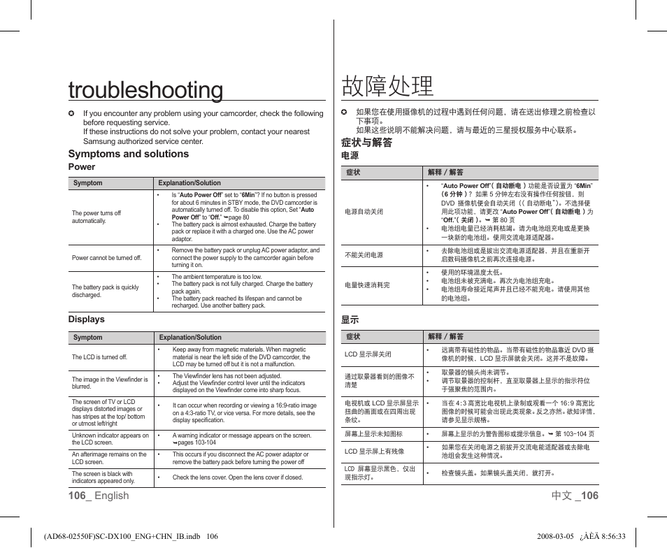 Troubleshooting 故障处理, Symptoms and solutions, 症状与解答 | Samsung SC-DX103-XAP User Manual | Page 112 / 120