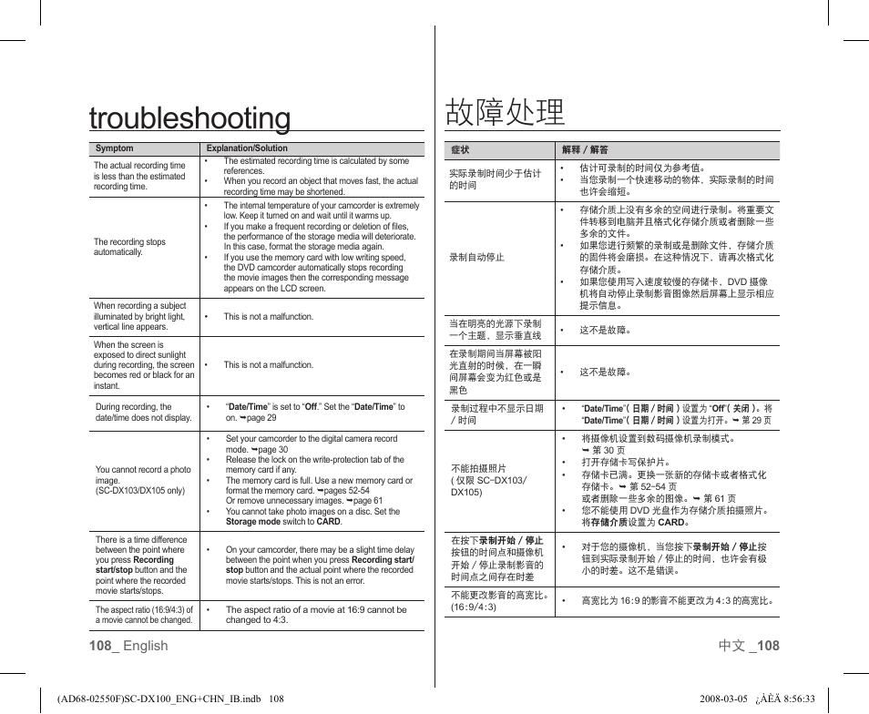 Troubleshooting 故障处理 | Samsung SC-DX103-XAP User Manual | Page 114 / 120