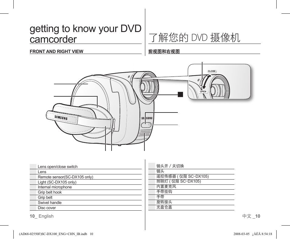 Getting to know your dvd camcorder, 了解您的 dvd 摄像机 | Samsung SC-DX103-XAP User Manual | Page 16 / 120