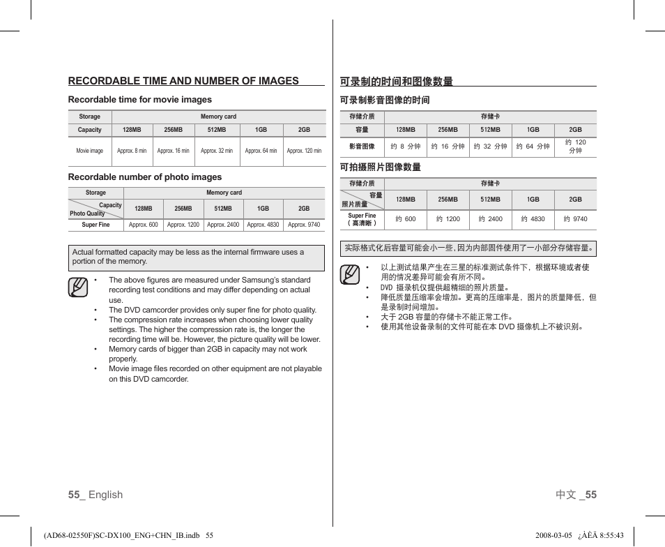 可录制的时间和图像数量 | Samsung SC-DX103-XAP User Manual | Page 61 / 120