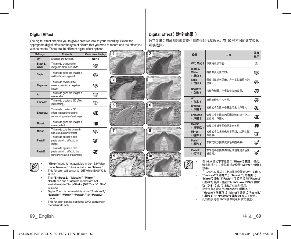 69 _ english 中文 _ 69, 数字效果 ) | Samsung SC-DX103-XAP User Manual | Page 75 / 120