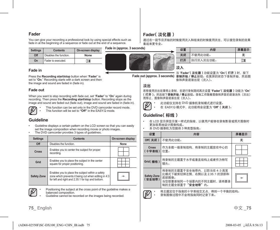 75 _ english 中文 _ 75 fader, Guideline, C.nite | Light ( 照明灯 )( 仅限 sc-dx105), Fader ( 淡化器 ), Guideline ( 标线 ) | Samsung SC-DX103-XAP User Manual | Page 81 / 120