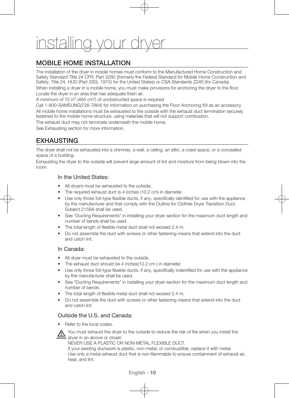 Installing your dryer, Mobile home installation, Exhausting | Samsung DV48H7400GW-A2 User Manual | Page 10 / 120