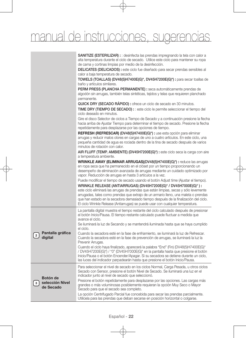 Manual de instrucciones, sugerencias | Samsung DV48H7400GW-A2 User Manual | Page 102 / 120