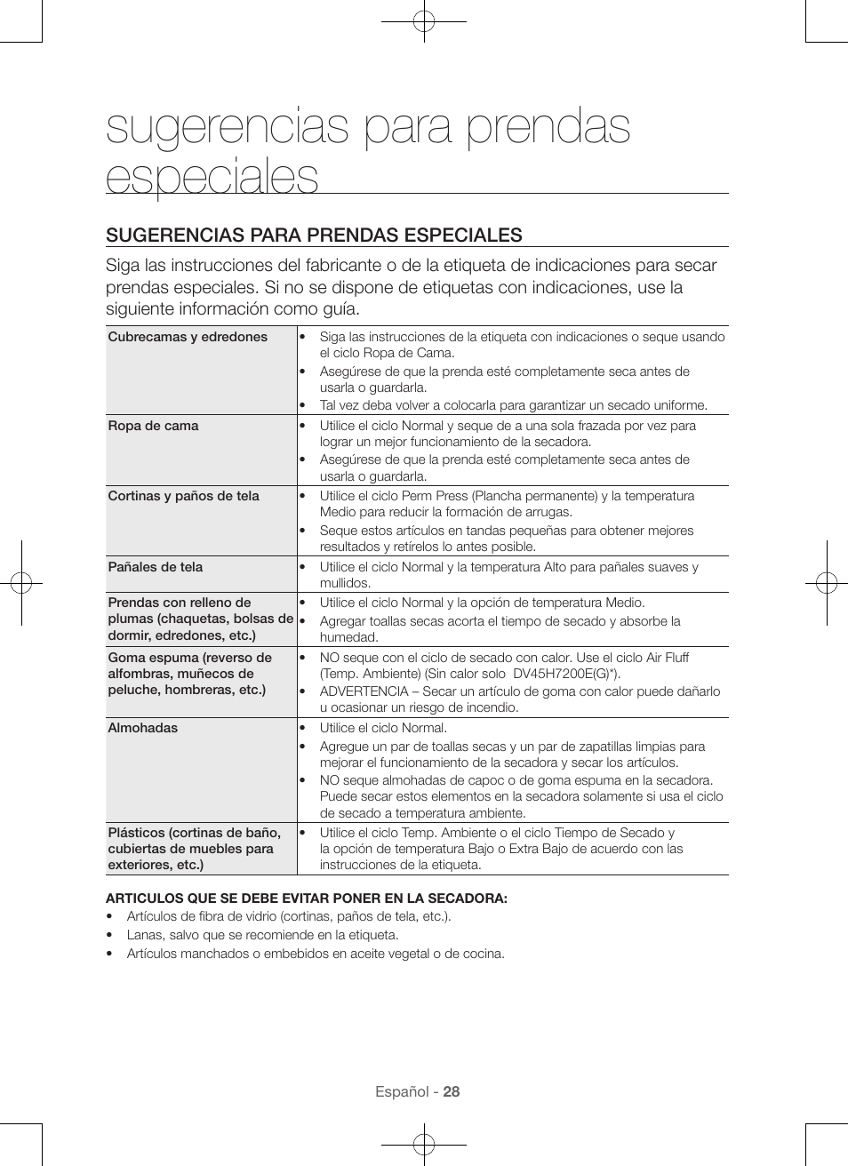 Sugerencias para prendas especiales | Samsung DV48H7400GW-A2 User Manual | Page 108 / 120