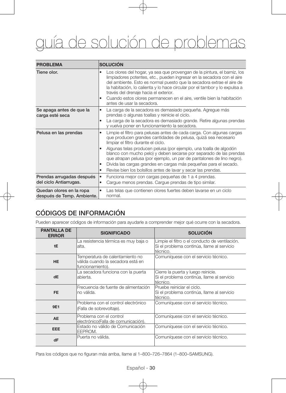 Guía de solución de problemas, Códigos de información | Samsung DV48H7400GW-A2 User Manual | Page 110 / 120