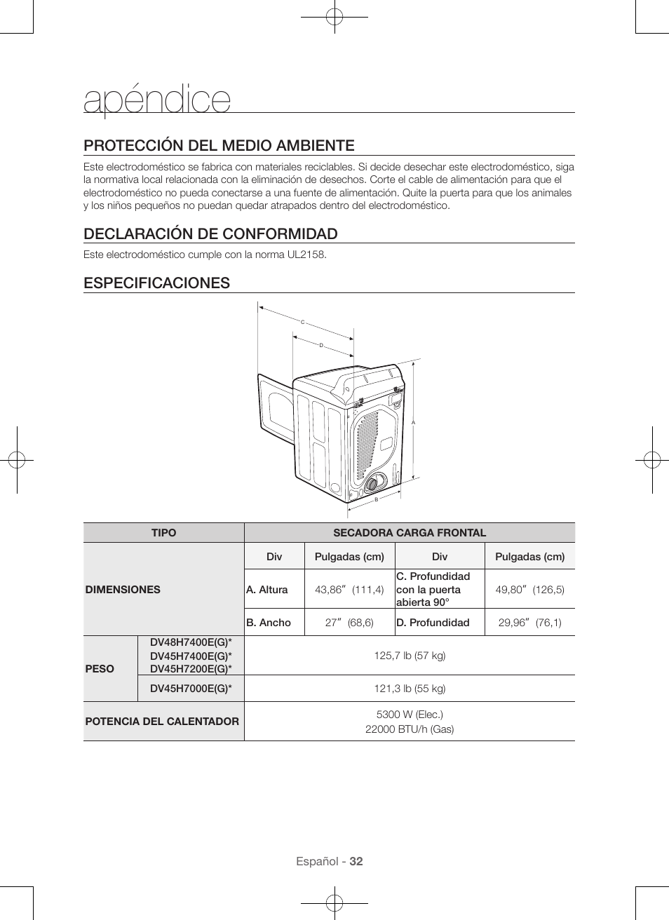 Apéndice, Protección del medio ambiente, Declaración de conformidad | Especificaciones | Samsung DV48H7400GW-A2 User Manual | Page 112 / 120