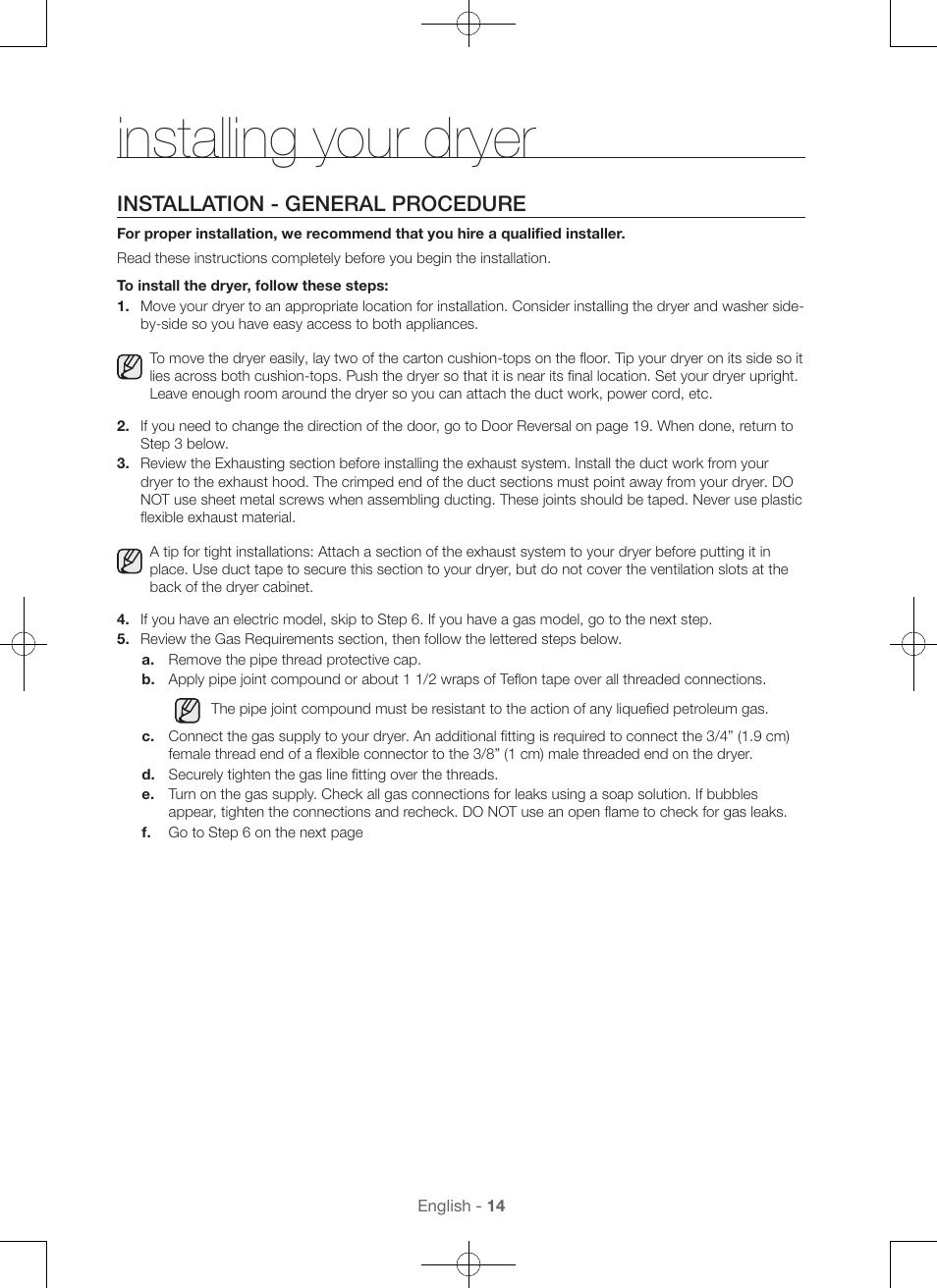 Installing your dryer, Installation - general procedure | Samsung DV48H7400GW-A2 User Manual | Page 14 / 120