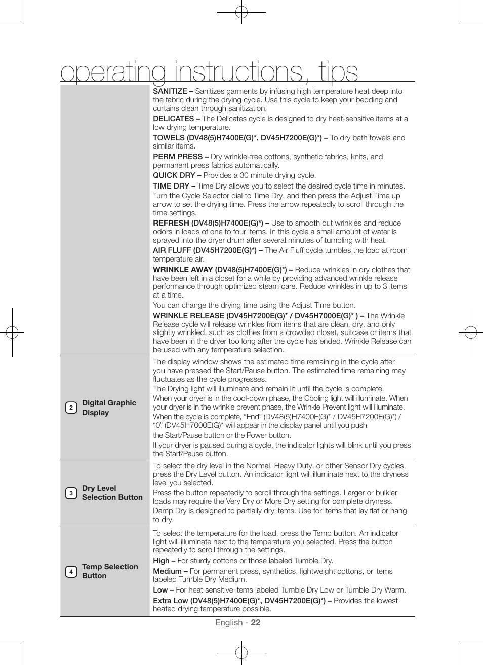 Operating instructions, tips | Samsung DV48H7400GW-A2 User Manual | Page 22 / 120