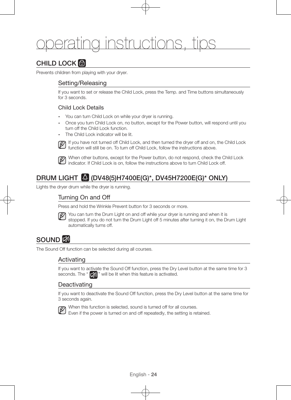 Operating instructions, tips, Child lock, Sound | Samsung DV48H7400GW-A2 User Manual | Page 24 / 120