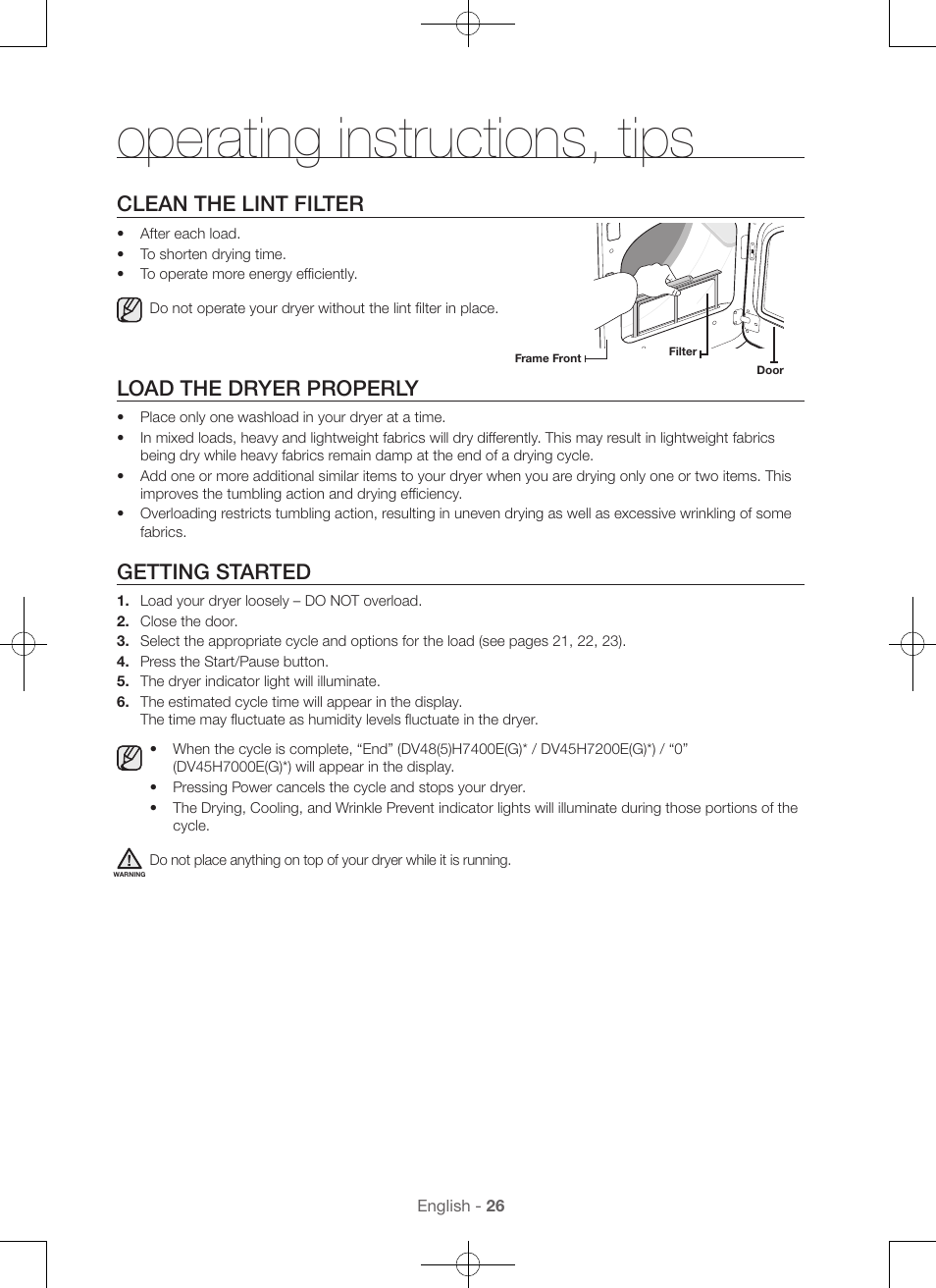 Operating instructions, tips, Clean the lint filter, Load the dryer properly | Getting started | Samsung DV48H7400GW-A2 User Manual | Page 26 / 120