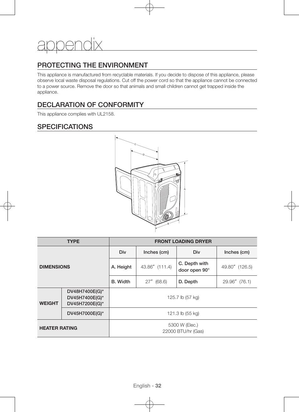 Appendix, Protecting the environment, Declaration of conformity | Specifications | Samsung DV48H7400GW-A2 User Manual | Page 32 / 120