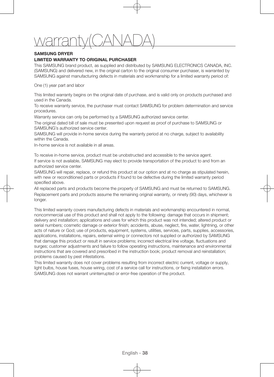 Warranty(canada) | Samsung DV48H7400GW-A2 User Manual | Page 38 / 120