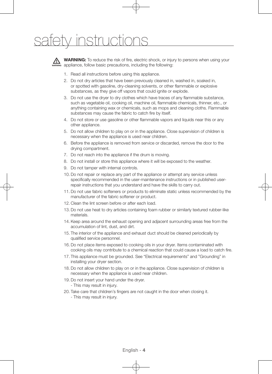 Safety instructions | Samsung DV48H7400GW-A2 User Manual | Page 4 / 120
