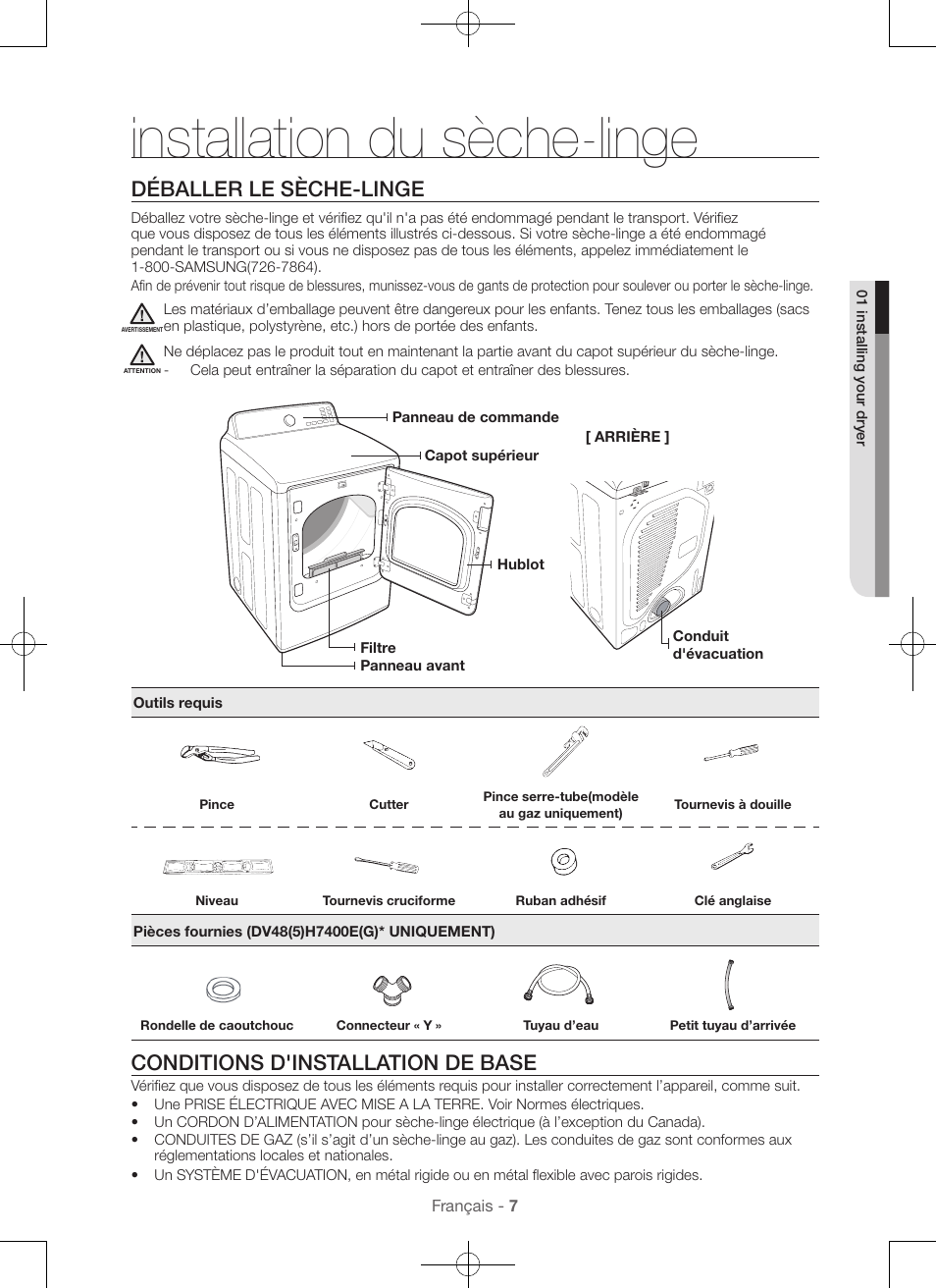 Installation du sèche-linge, Déballer le sèche-linge, Conditions d'installation de base | Samsung DV48H7400GW-A2 User Manual | Page 47 / 120