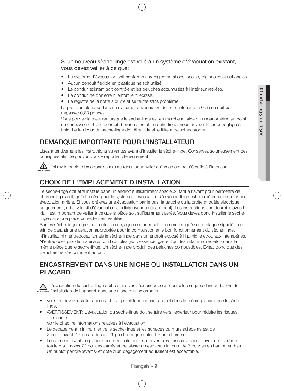 Remarque importante pour l’installateur, Choix de l'emplacement d'installation | Samsung DV48H7400GW-A2 User Manual | Page 49 / 120