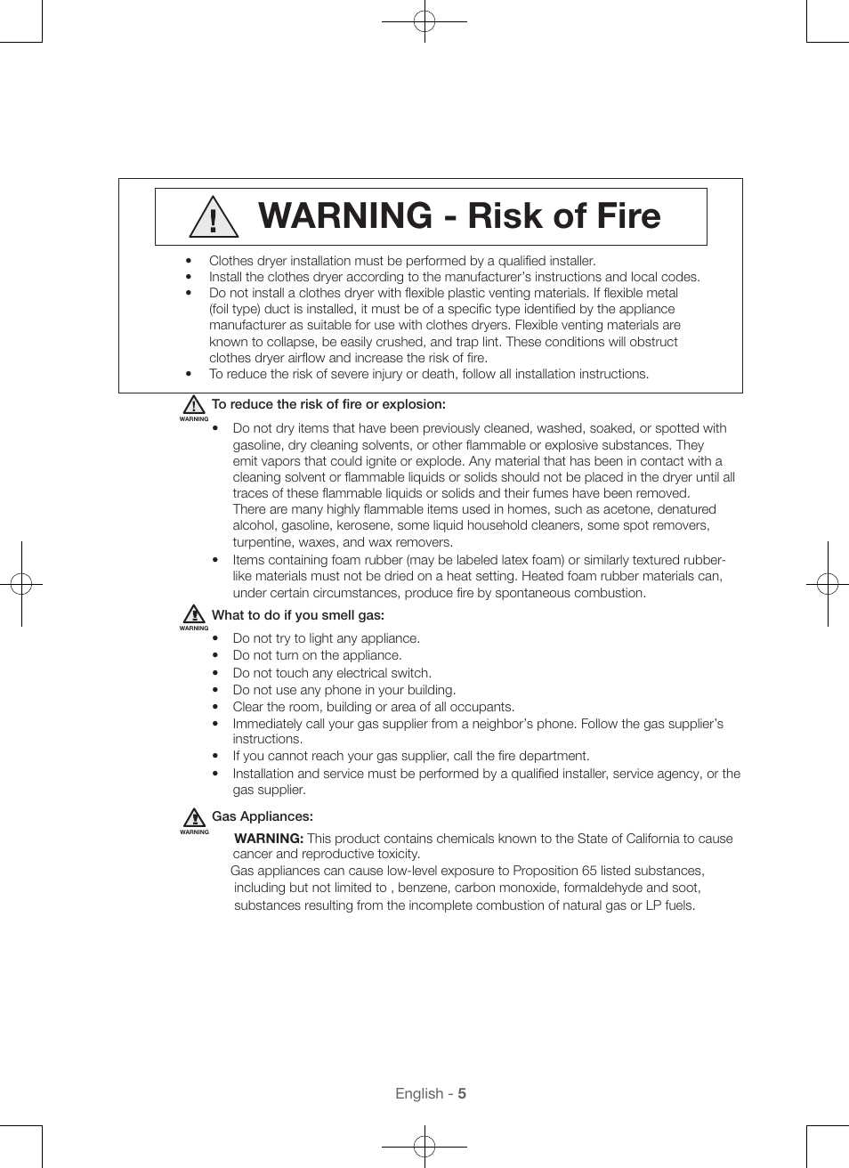 Warning - risk of fire | Samsung DV48H7400GW-A2 User Manual | Page 5 / 120