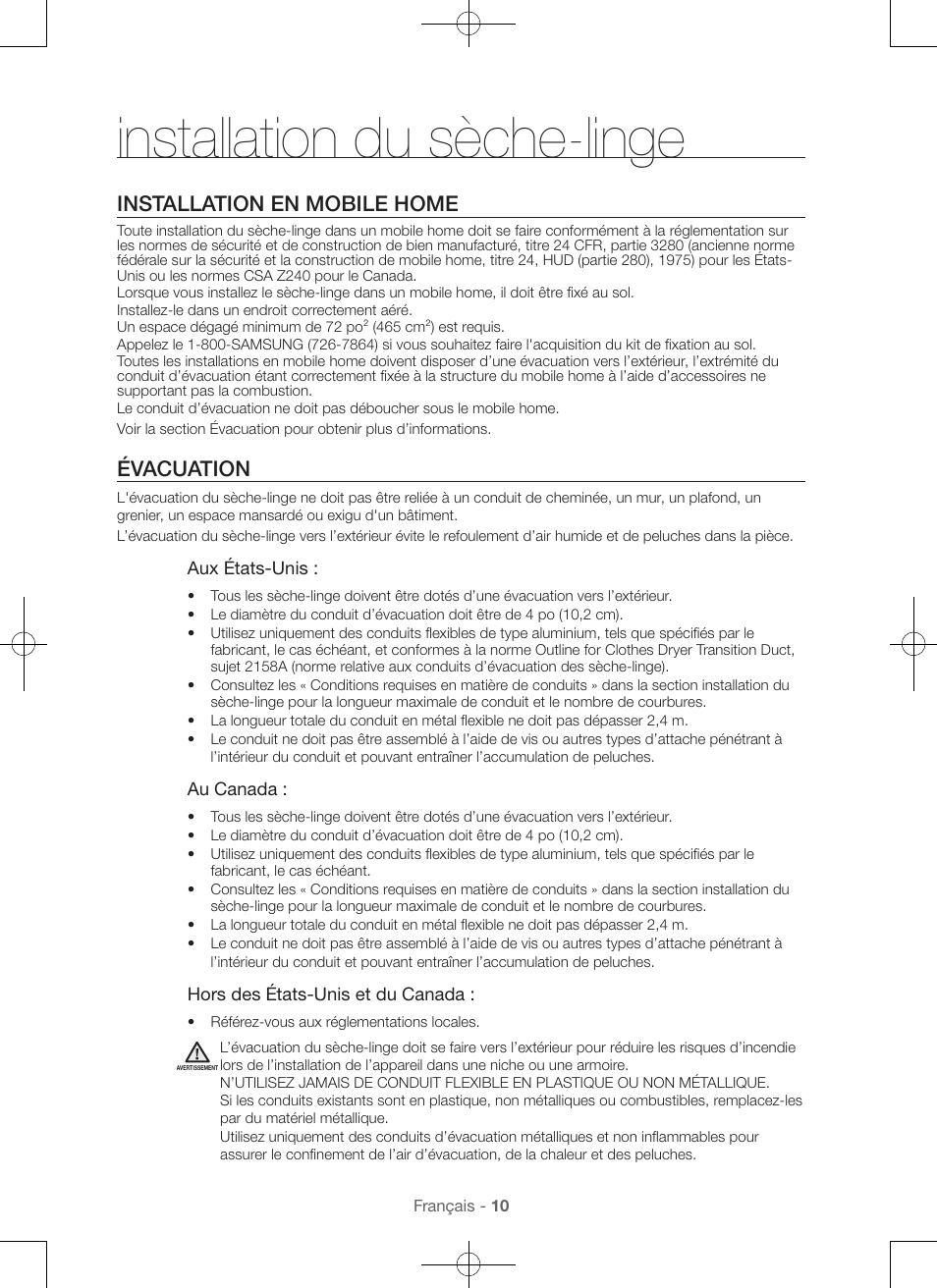 Installation du sèche-linge, Installation en mobile home, Évacuation | Samsung DV48H7400GW-A2 User Manual | Page 50 / 120