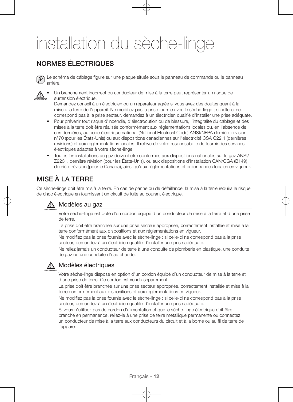 Installation du sèche-linge, Normes électriques, Mise à la terre | Modèles au gaz, Modèles électriques | Samsung DV48H7400GW-A2 User Manual | Page 52 / 120