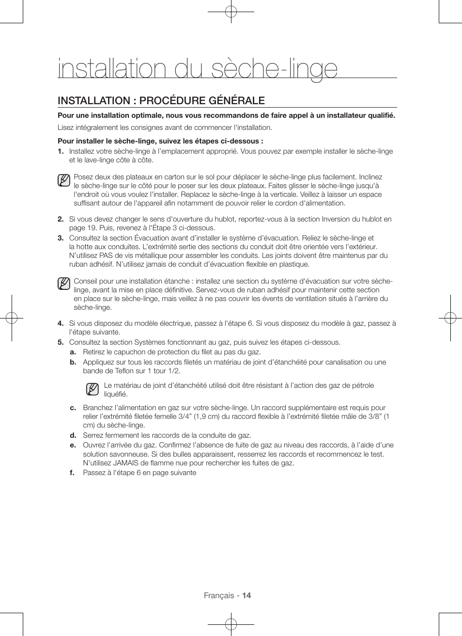 Installation du sèche-linge, Installation : procédure générale | Samsung DV48H7400GW-A2 User Manual | Page 54 / 120