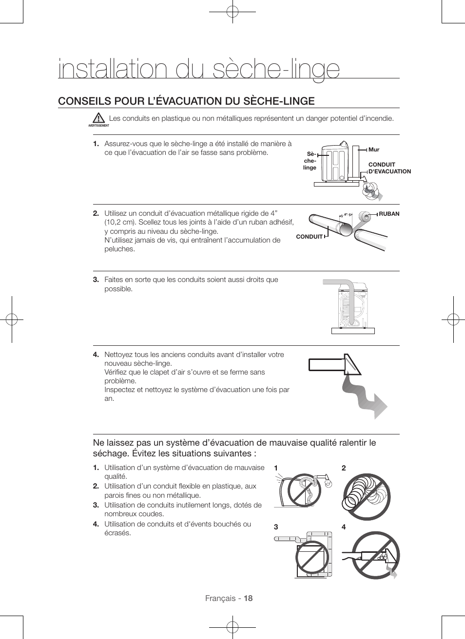 Installation du sèche-linge, Conseils pour l’évacuation du sèche-linge | Samsung DV48H7400GW-A2 User Manual | Page 58 / 120