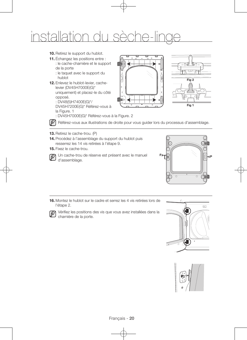 Installation du sèche-linge | Samsung DV48H7400GW-A2 User Manual | Page 60 / 120