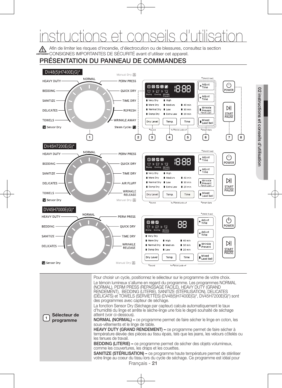 Instructions et conseils d’utilisation, Présentation du panneau de commandes | Samsung DV48H7400GW-A2 User Manual | Page 61 / 120