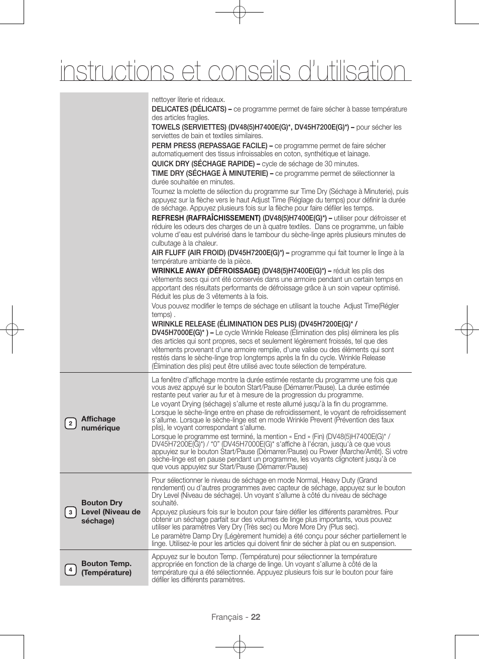 Instructions et conseils d’utilisation | Samsung DV48H7400GW-A2 User Manual | Page 62 / 120