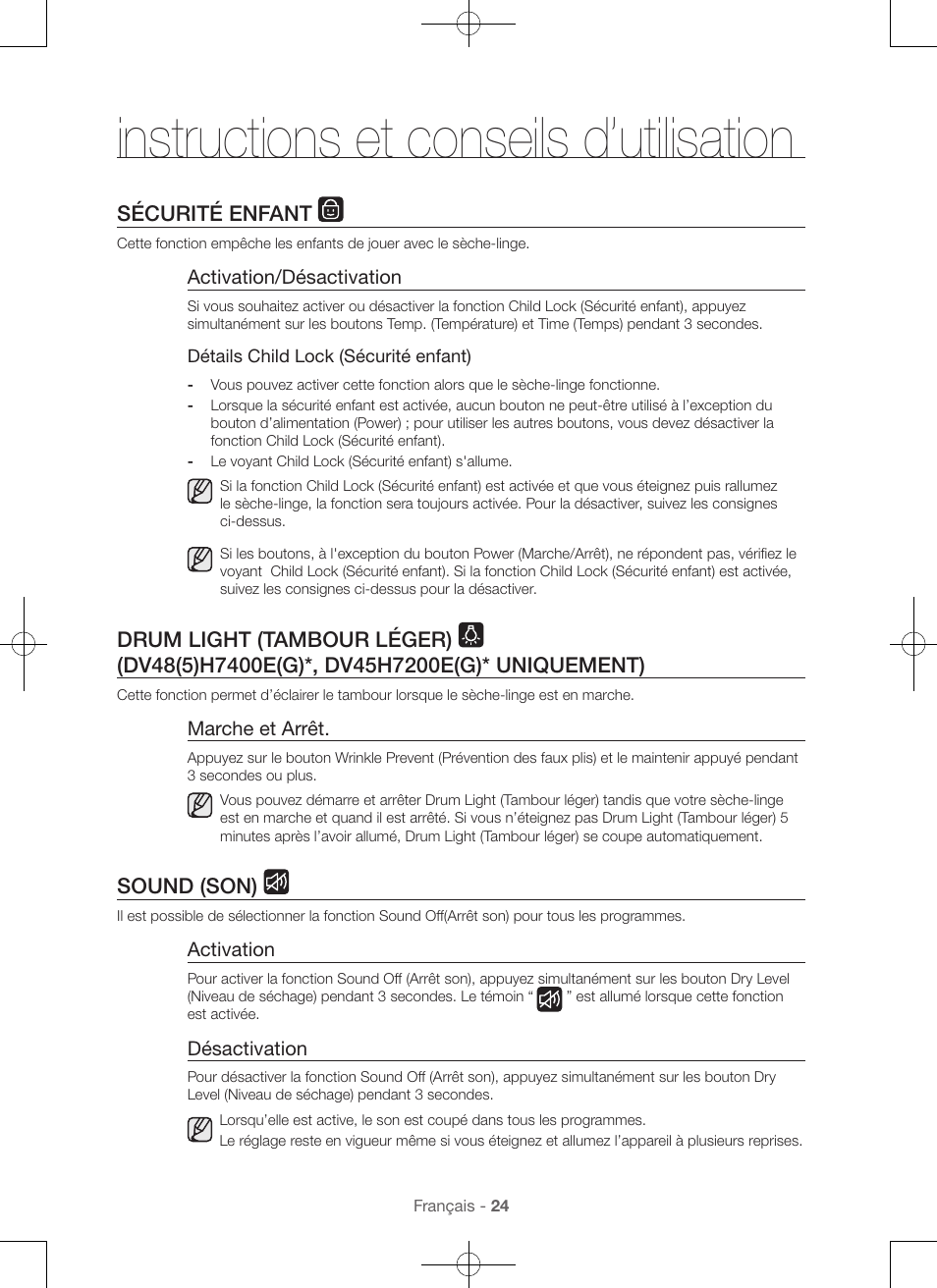 Instructions et conseils d’utilisation, Sécurité enfant, Sound (son) | Samsung DV48H7400GW-A2 User Manual | Page 64 / 120