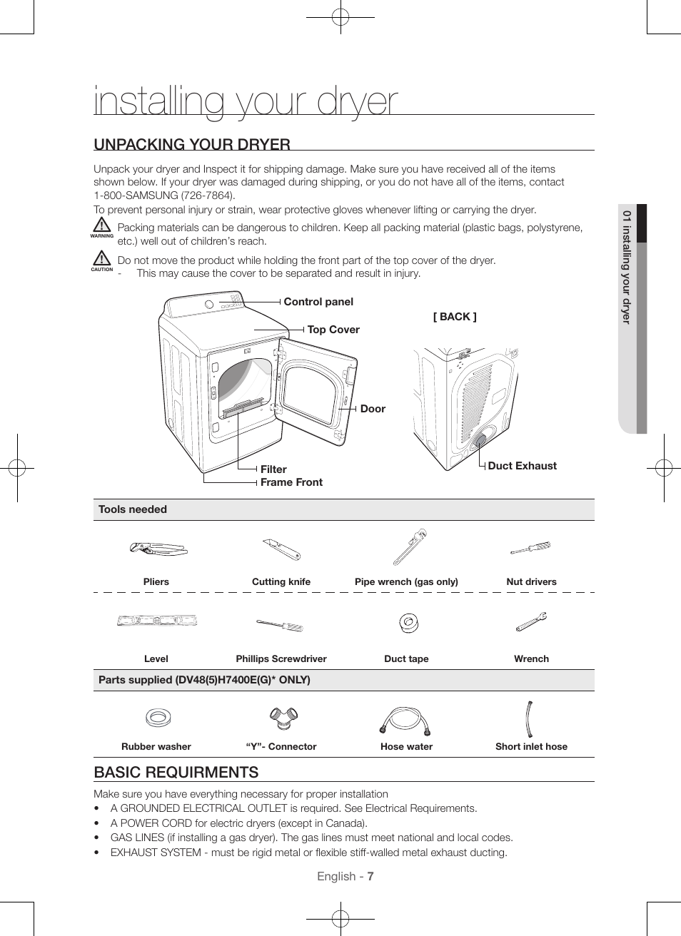 Installing your dryer, Unpacking your dryer, Basic requirments | Samsung DV48H7400GW-A2 User Manual | Page 7 / 120