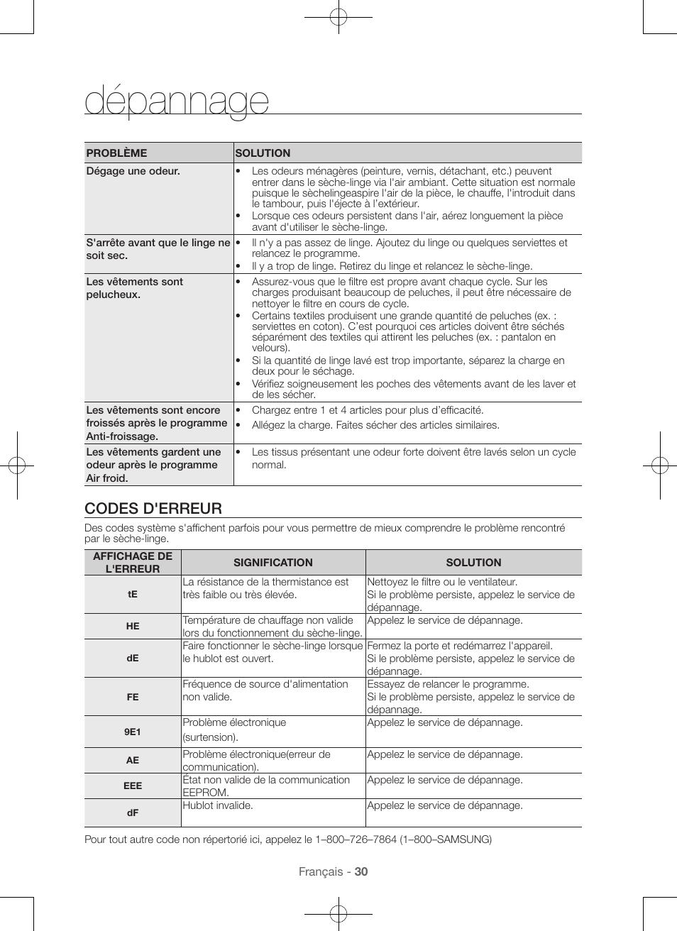 Dépannage, Codes d'erreur | Samsung DV48H7400GW-A2 User Manual | Page 70 / 120