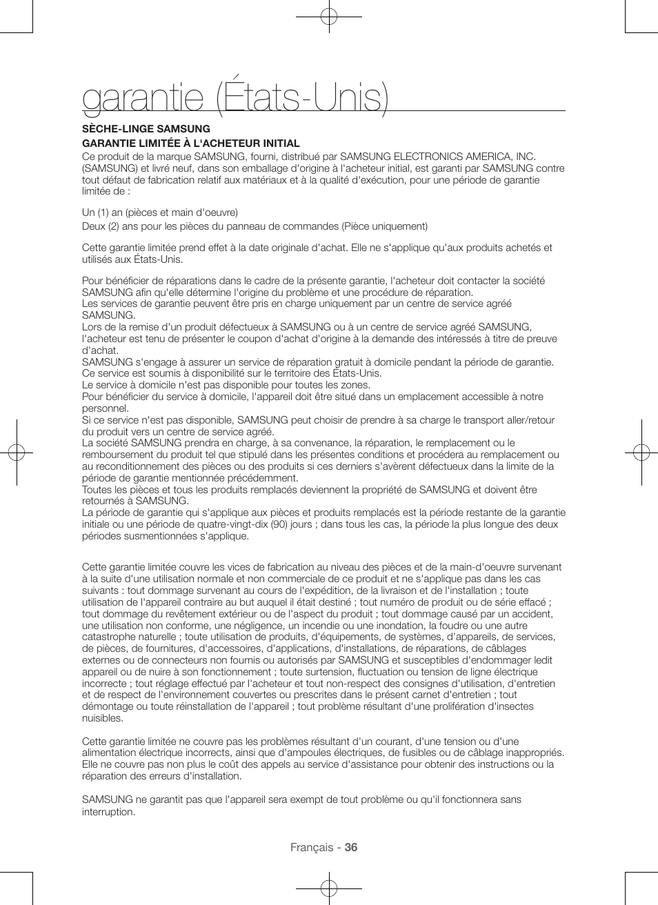 Garantie (états-unis) | Samsung DV48H7400GW-A2 User Manual | Page 76 / 120