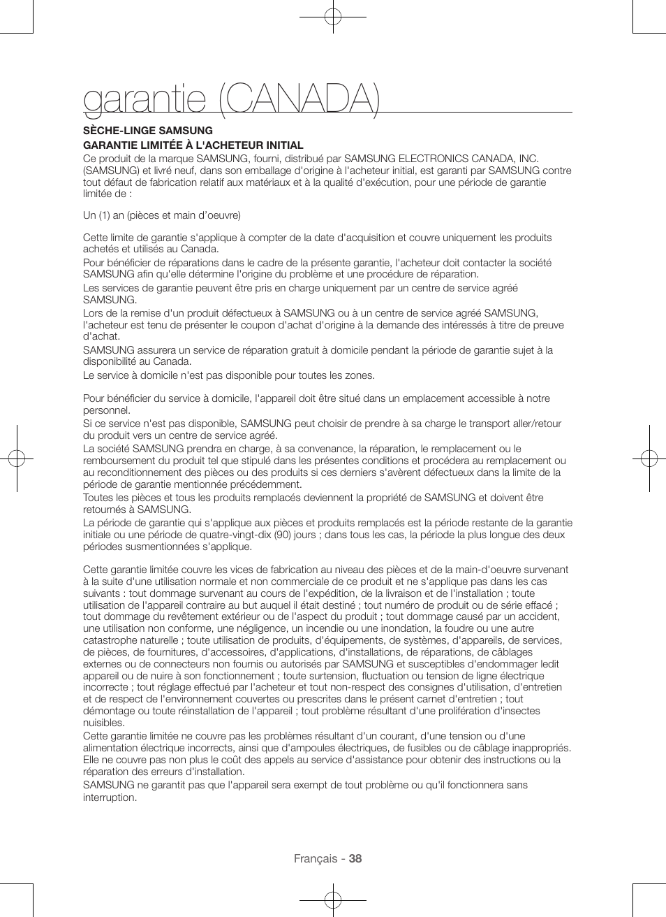 Garantie (canada) | Samsung DV48H7400GW-A2 User Manual | Page 78 / 120