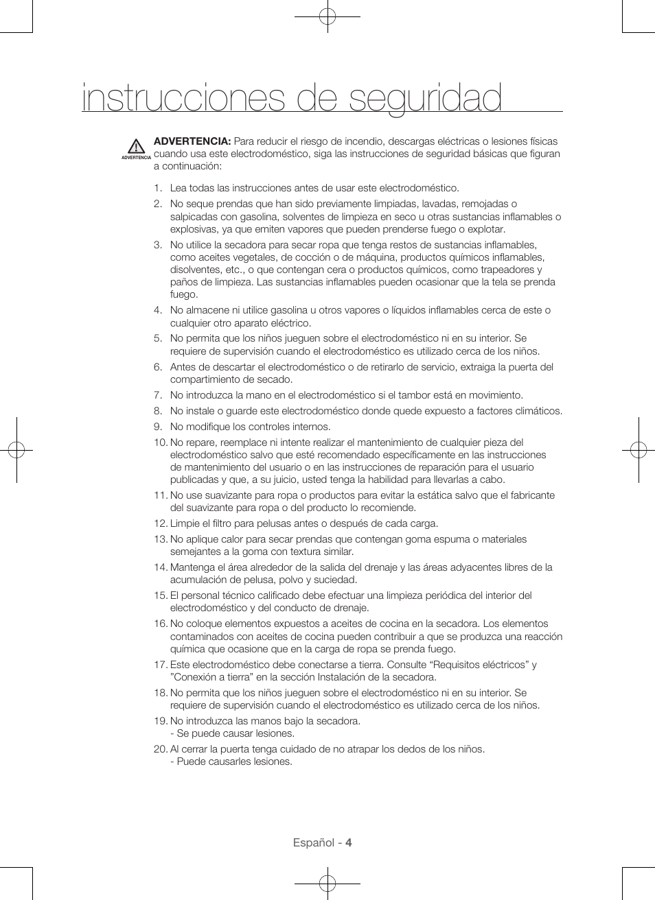 Instrucciones de seguridad | Samsung DV48H7400GW-A2 User Manual | Page 84 / 120