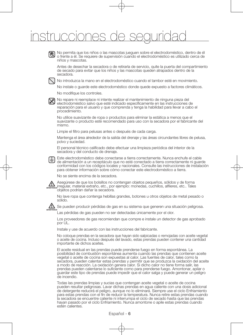 Instrucciones de seguridad | Samsung DV48H7400GW-A2 User Manual | Page 86 / 120