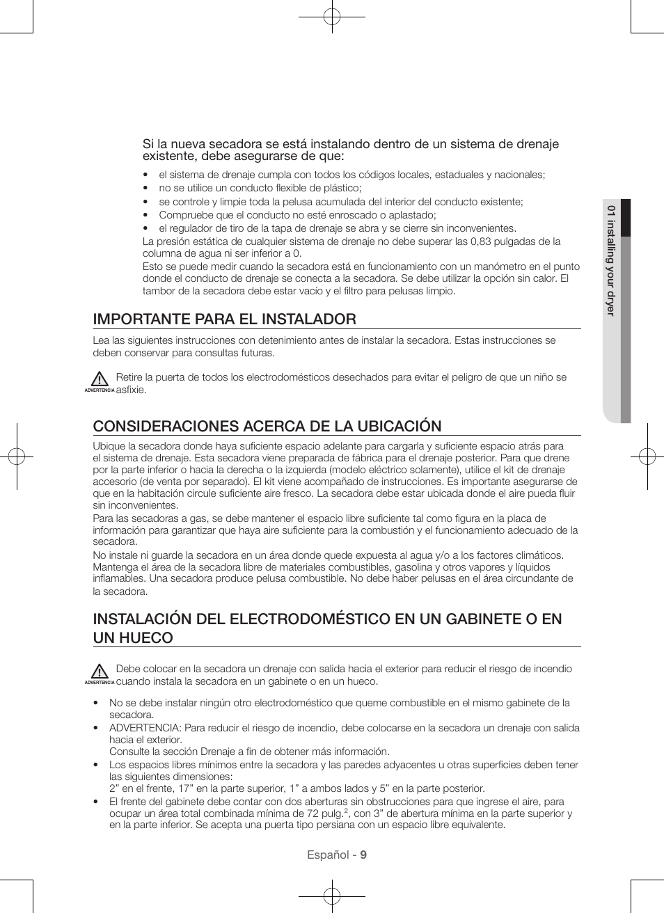 Importante para el instalador, Consideraciones acerca de la ubicación | Samsung DV48H7400GW-A2 User Manual | Page 89 / 120
