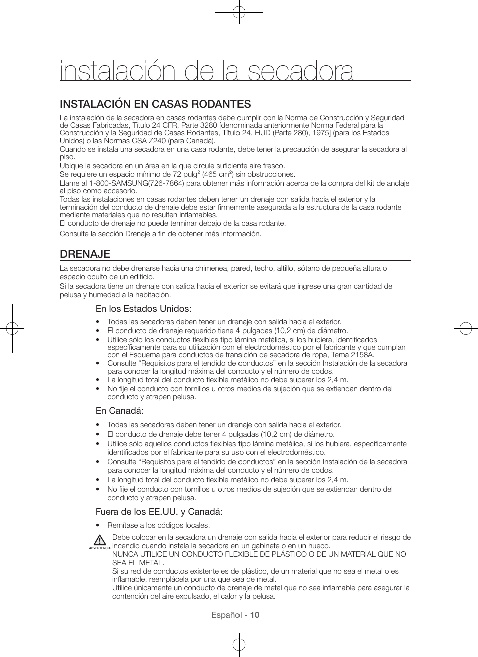 Instalación de la secadora, Instalación en casas rodantes, Drenaje | Samsung DV48H7400GW-A2 User Manual | Page 90 / 120