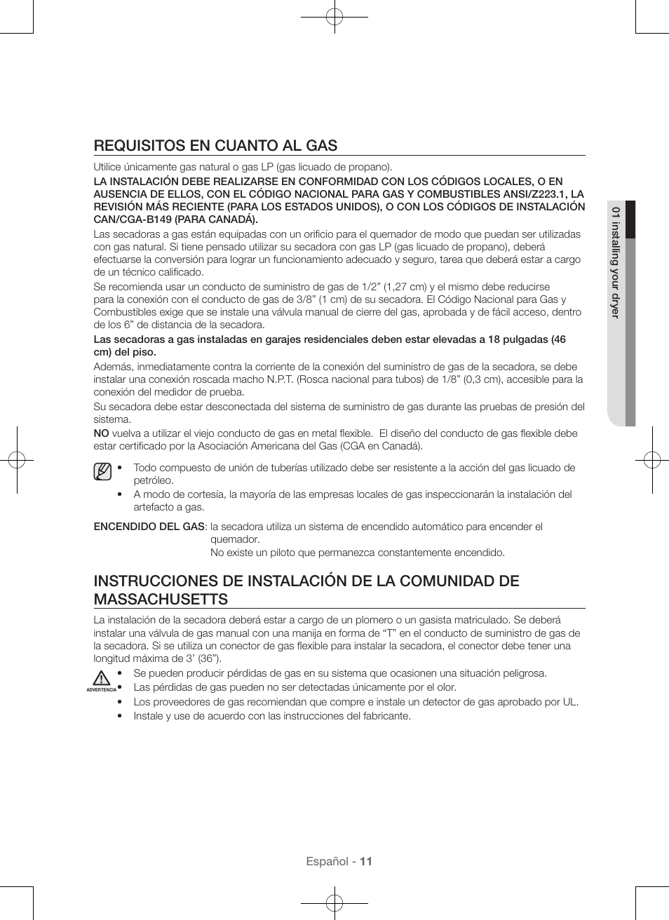 Requisitos en cuanto al gas | Samsung DV48H7400GW-A2 User Manual | Page 91 / 120