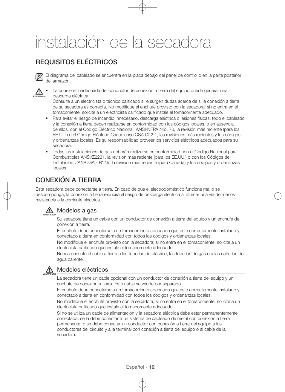 Instalación de la secadora, Requisitos eléctricos, Conexión a tierra | Modelos a gas, Modelos eléctricos | Samsung DV48H7400GW-A2 User Manual | Page 92 / 120