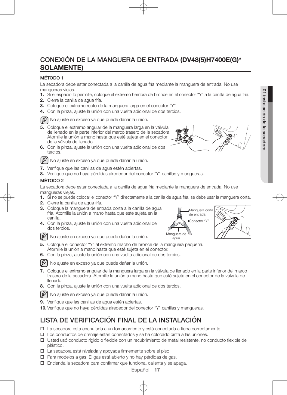 Lista de verificación final de la instalación | Samsung DV48H7400GW-A2 User Manual | Page 97 / 120