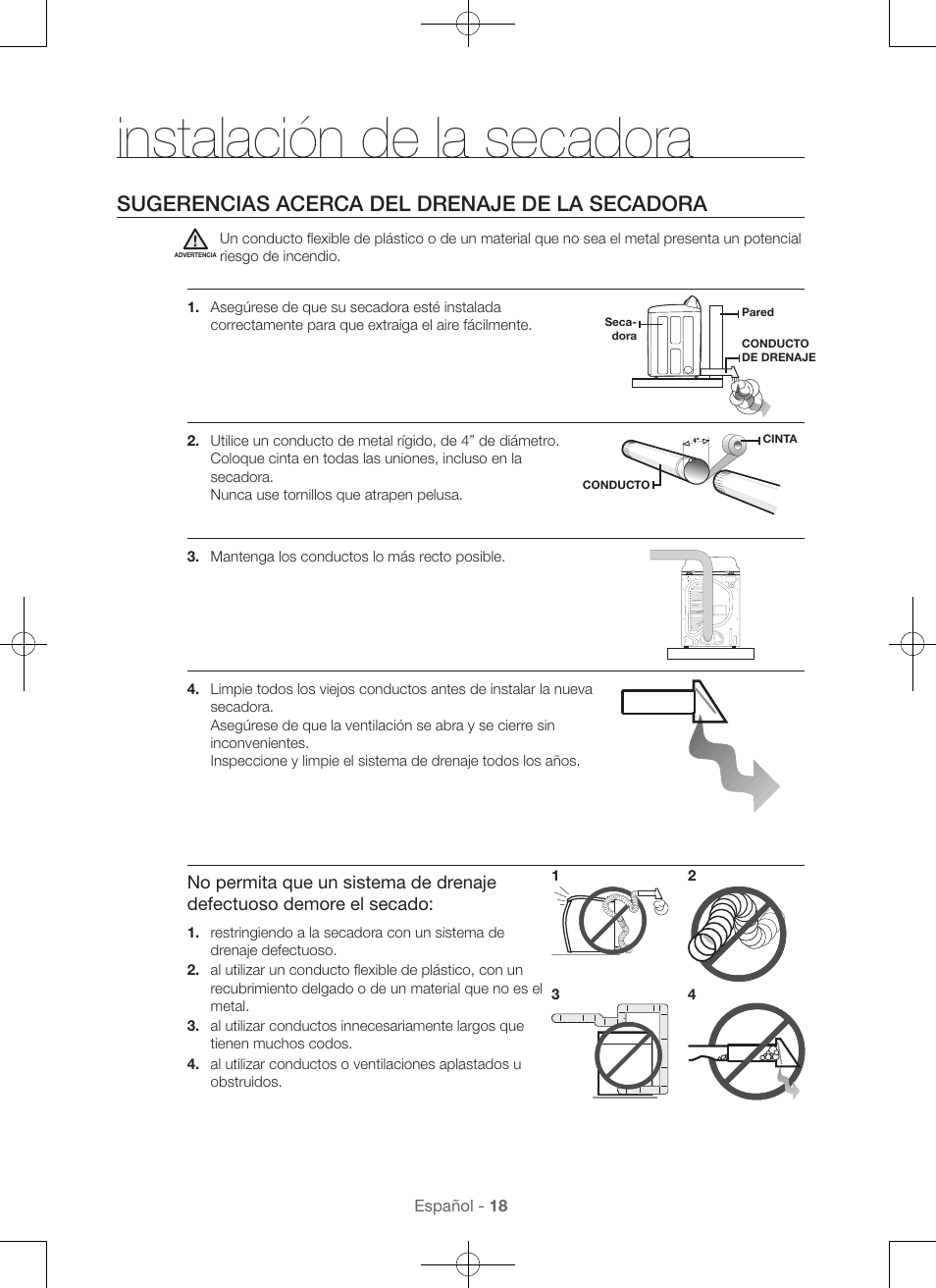 Instalación de la secadora, Sugerencias acerca del drenaje de la secadora | Samsung DV48H7400GW-A2 User Manual | Page 98 / 120