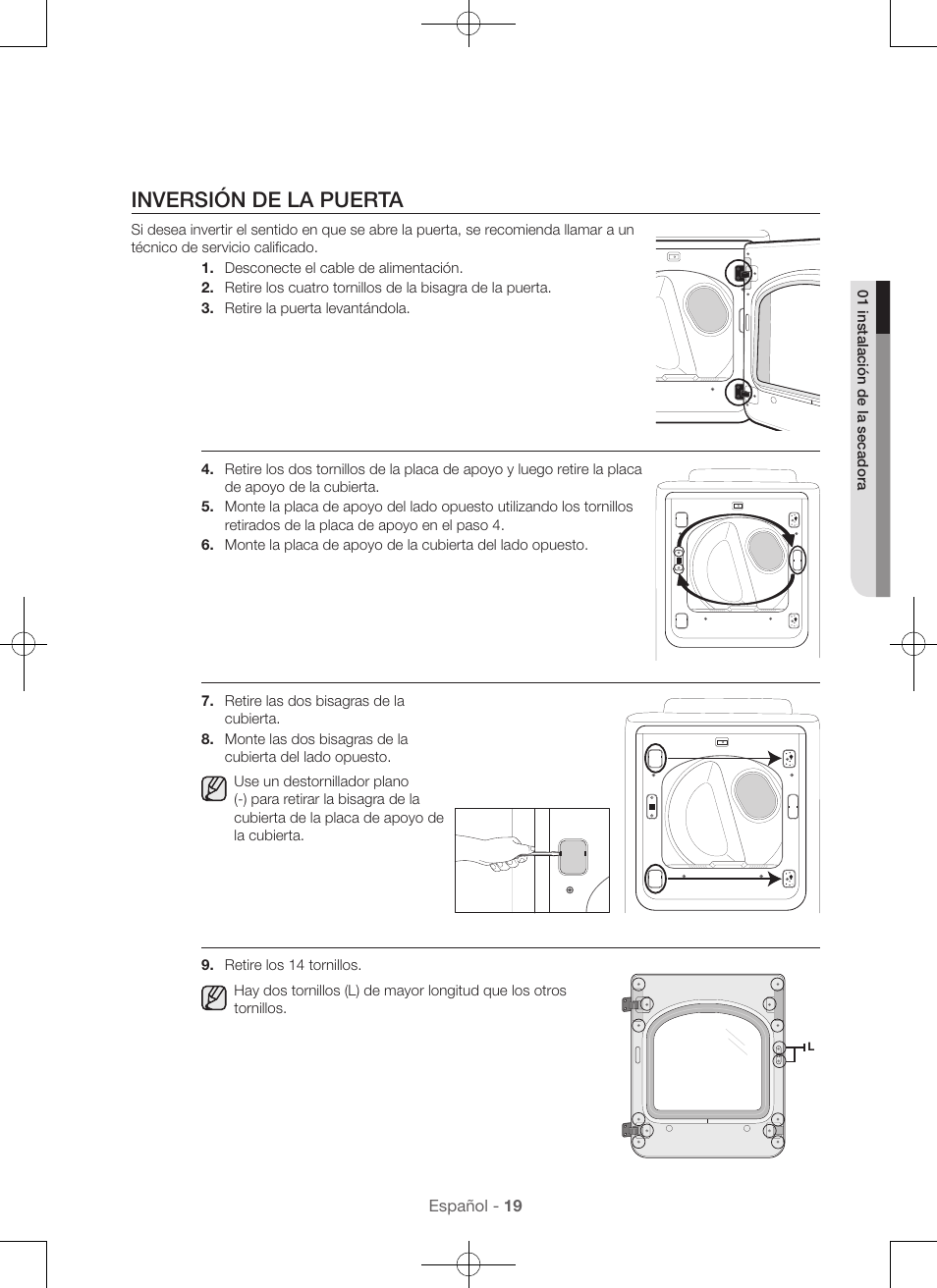 Inversión de la puerta | Samsung DV48H7400GW-A2 User Manual | Page 99 / 120