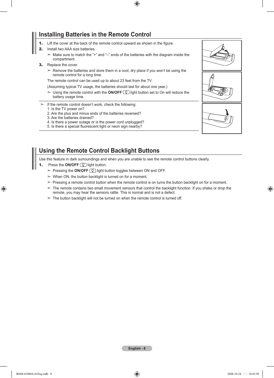 Installing batteries in the remote control, Using the remote control backlight buttons | Samsung LN32A620A1FXZA User Manual | Page 10 / 263