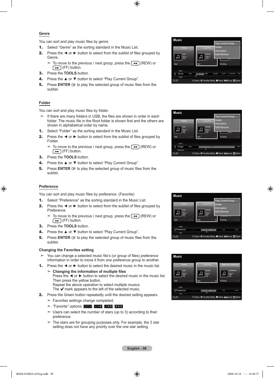 English - 98, Music | Samsung LN32A620A1FXZA User Manual | Page 100 / 263