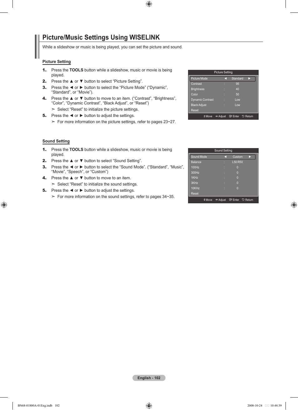 Picture/music settings using wiselink | Samsung LN32A620A1FXZA User Manual | Page 104 / 263