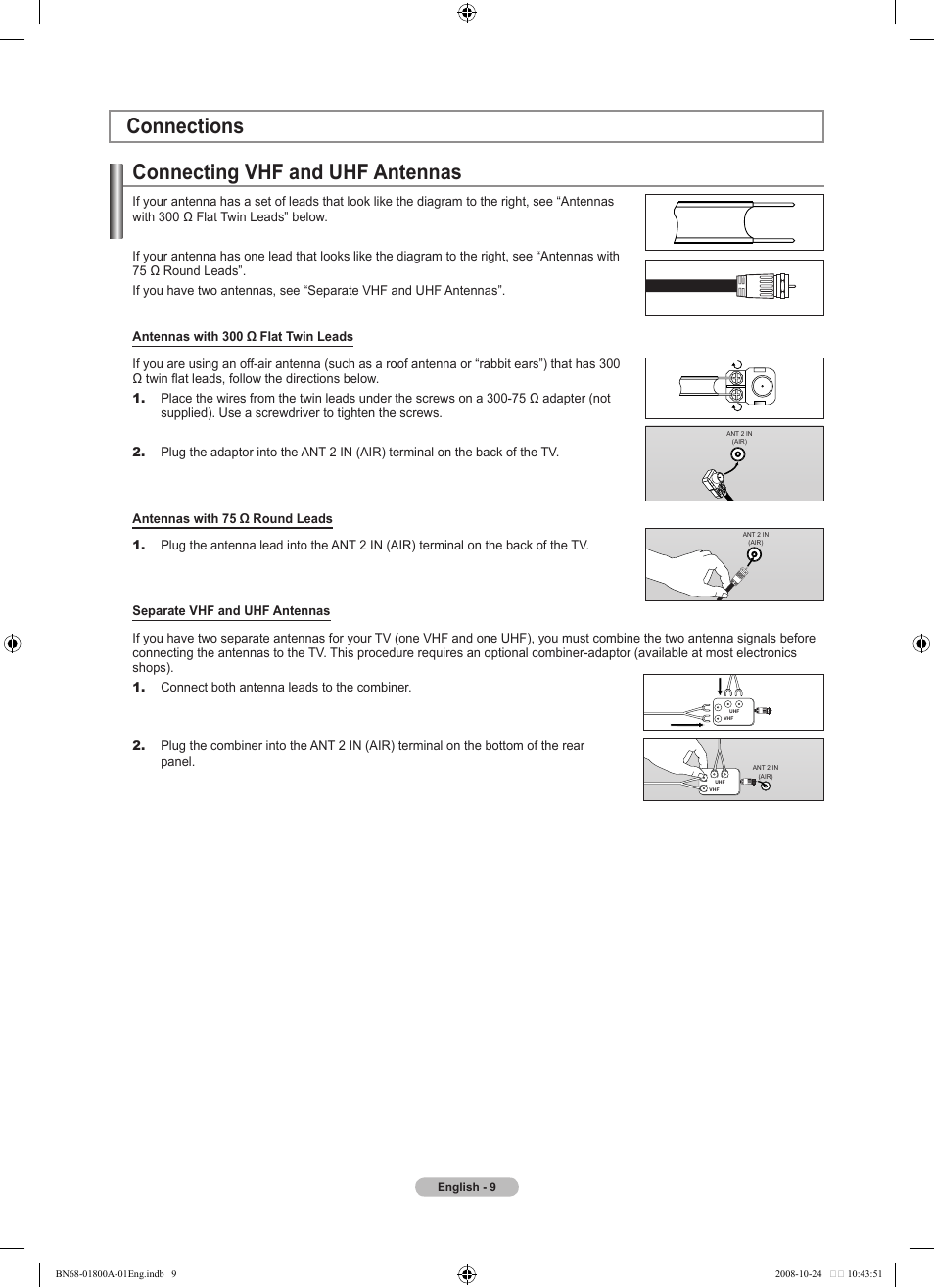 Connections, Connecting vhf and uhf antennas | Samsung LN32A620A1FXZA User Manual | Page 11 / 263