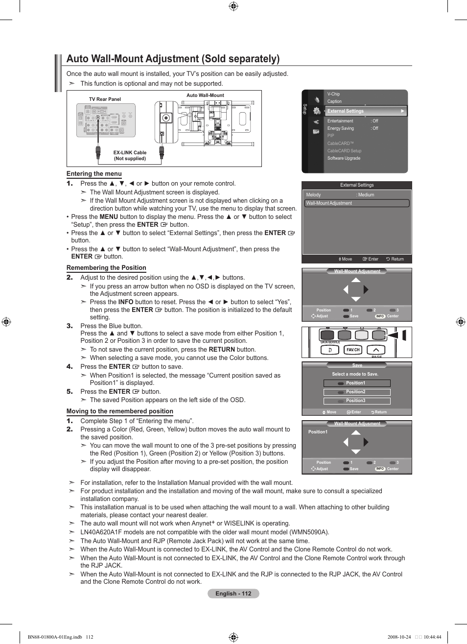 Auto wall-mount adjustment (sold separately) | Samsung LN32A620A1FXZA User Manual | Page 114 / 263