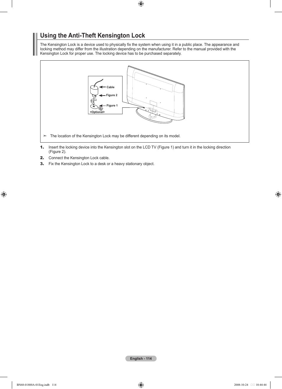 Using the anti-theft kensington lock | Samsung LN32A620A1FXZA User Manual | Page 116 / 263