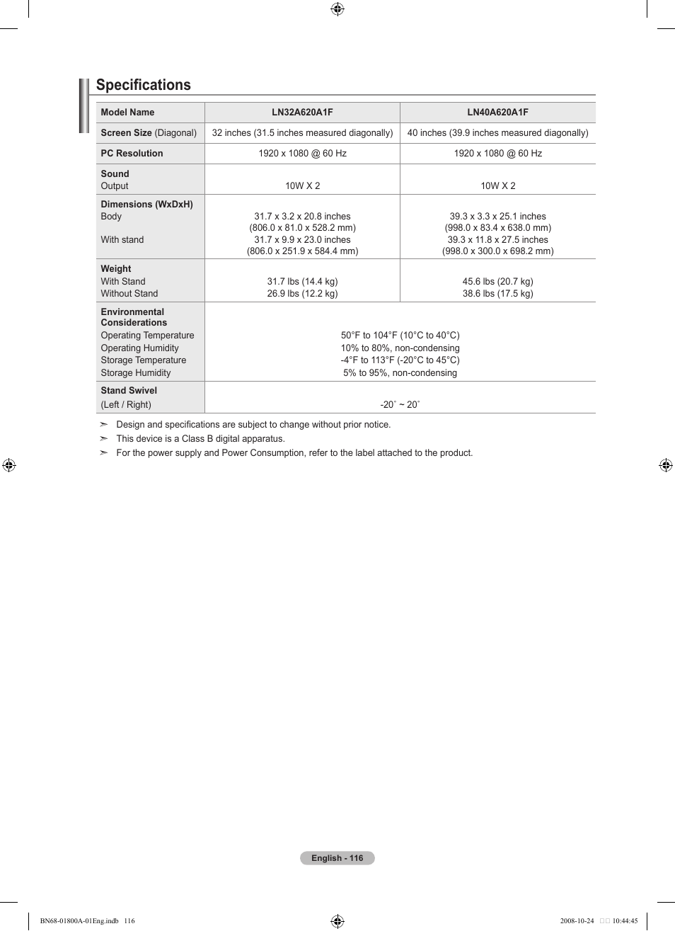 Specifications | Samsung LN32A620A1FXZA User Manual | Page 118 / 263